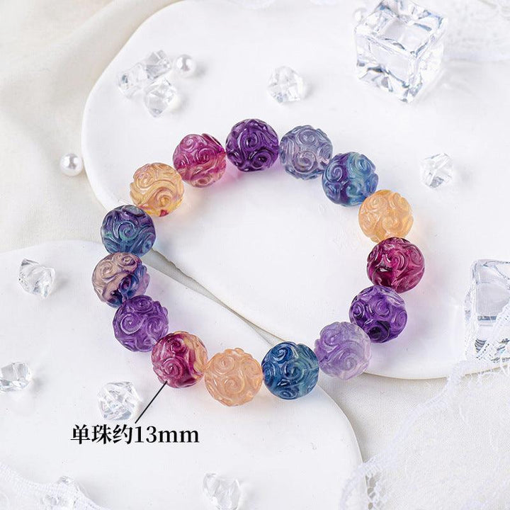 13mm rainbow fluorite engraved crystal bracelet