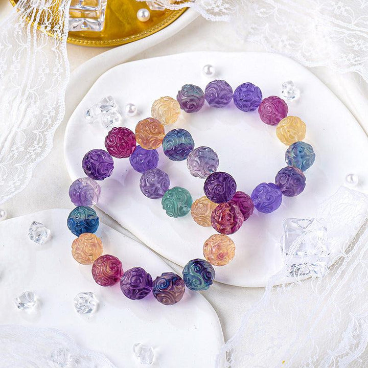 13mm rainbow fluorite engraved crystal bracelet
