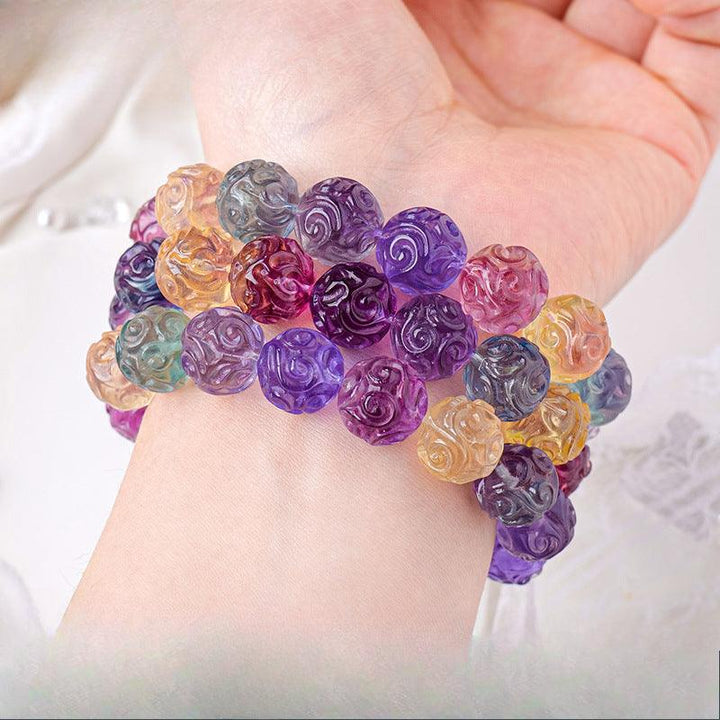 13mm rainbow fluorite engraved crystal bracelet