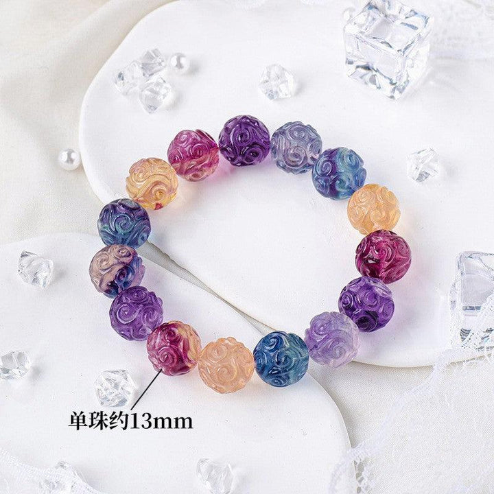 13mm rainbow fluorite engraved crystal bracelet