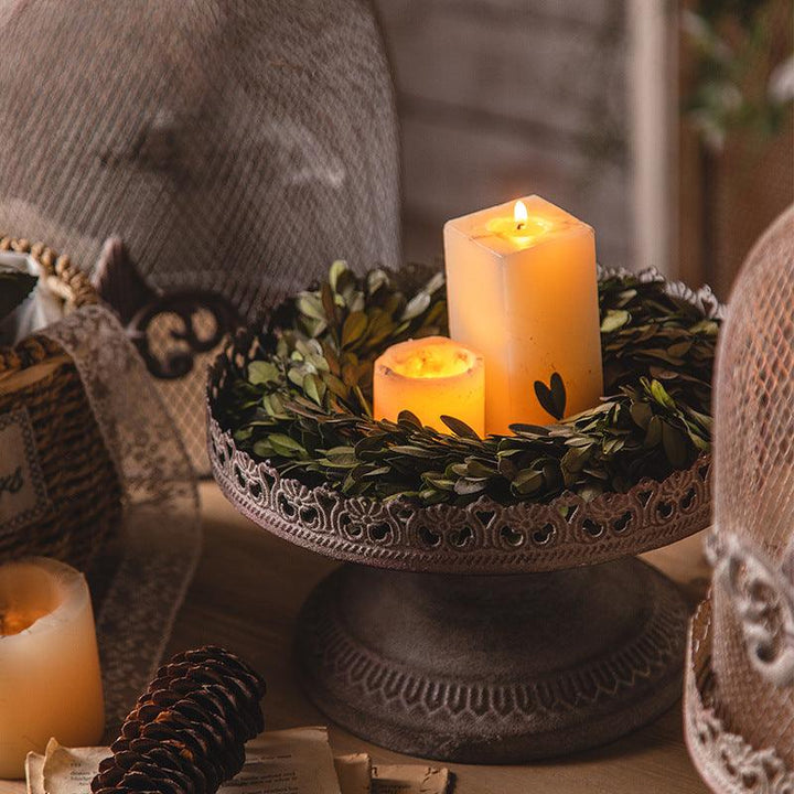 details of american industrial vintage iron birdcage candle holder on the table