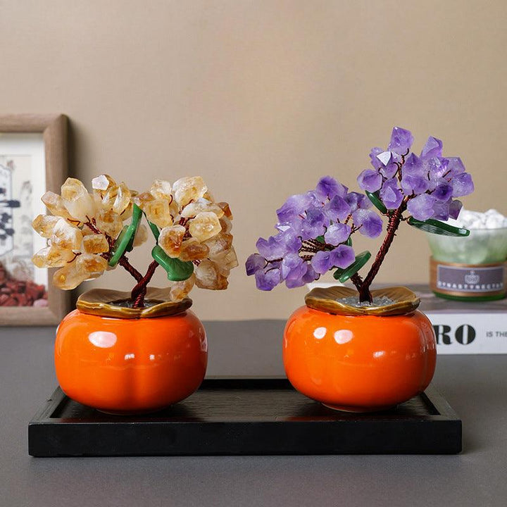 two amethyst and citrine crystal bonsai tree with persimmon shaped pot base