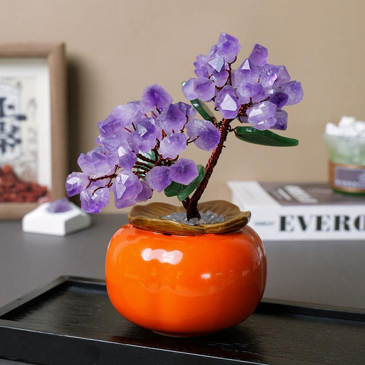 amethyst crystal bonsai tree with persimmon shaped pot base