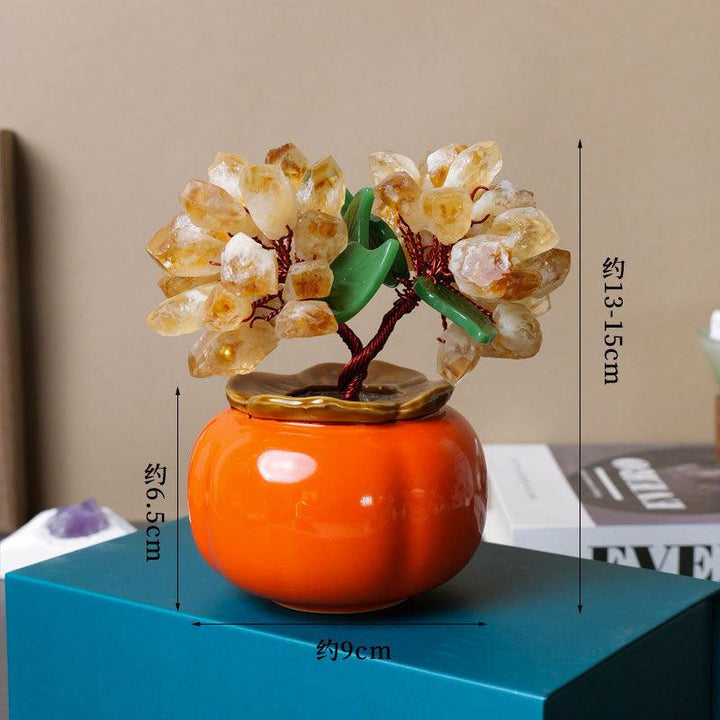 size of amethyst and citrine crystal bonsai tree with persimmon shaped pot base