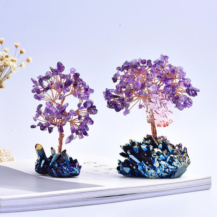 two amethyst and rainbow crystal cluster bonsai tree