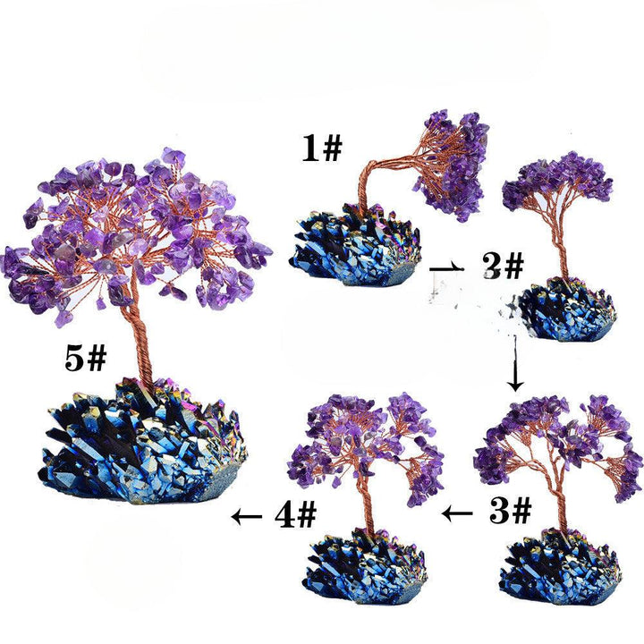 details of amethyst and rainbow crystal cluster bonsai tree