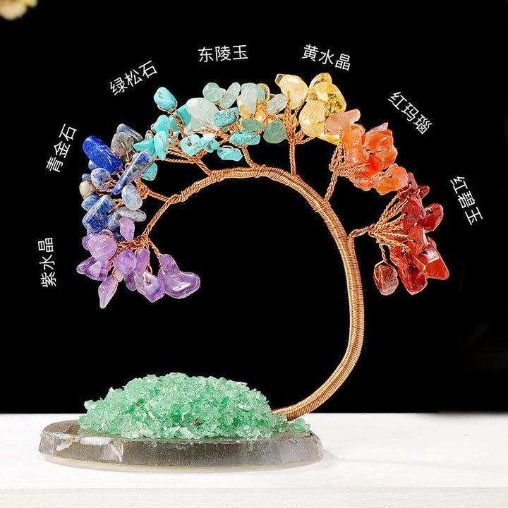 details of arc shaped multi colored crystal bonsai tree