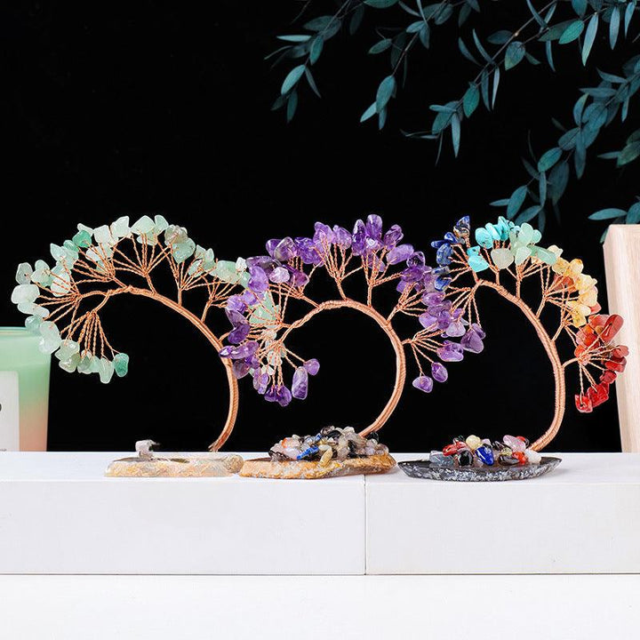three arc shaped rainbow crystal bonsai tree with agate base