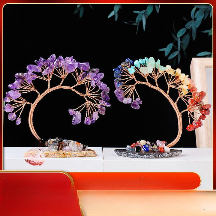 two arc shaped rainbow crystal bonsai tree with agate base