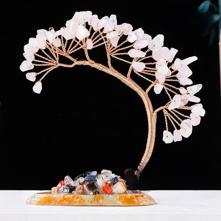 arc shaped rose quartz crystal bonsai tree with agate base