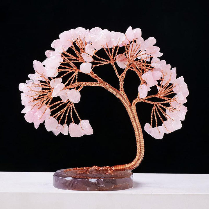arc shaped rose quartz crystal bonsai tree with agate base