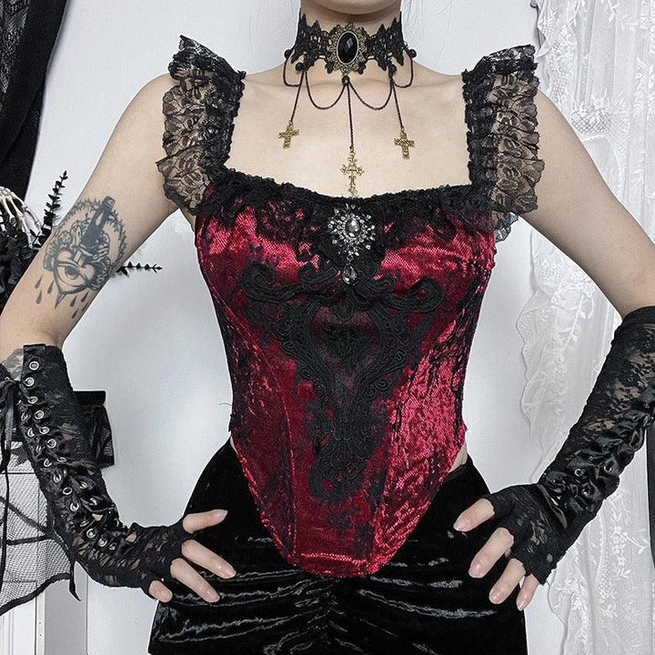a woman wear a black and red sexy lace corset cami top
