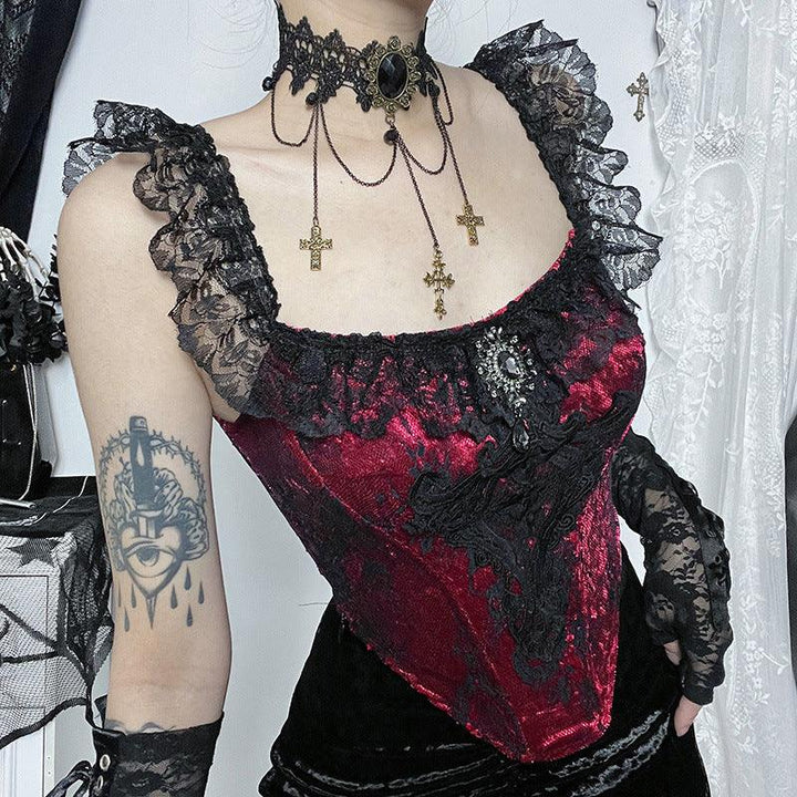 a woman wear a black and red sexy lace corset cami top