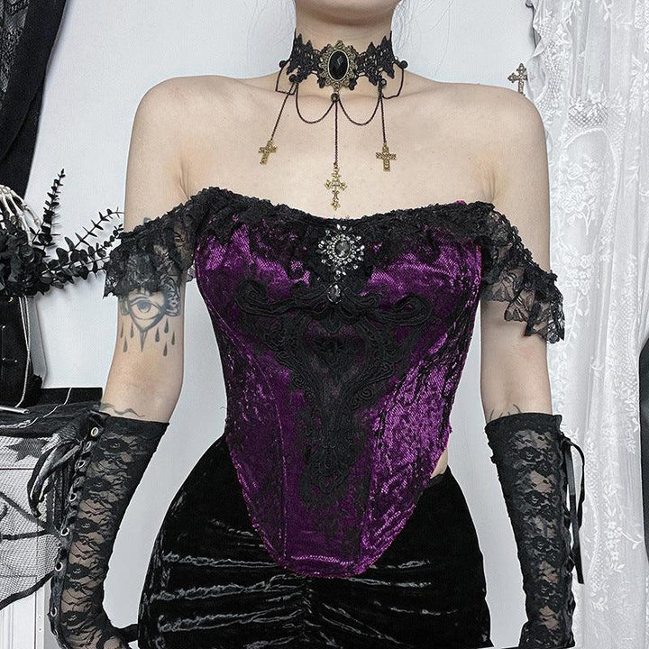 a woman wear a black and purple sexy lace corset cami top