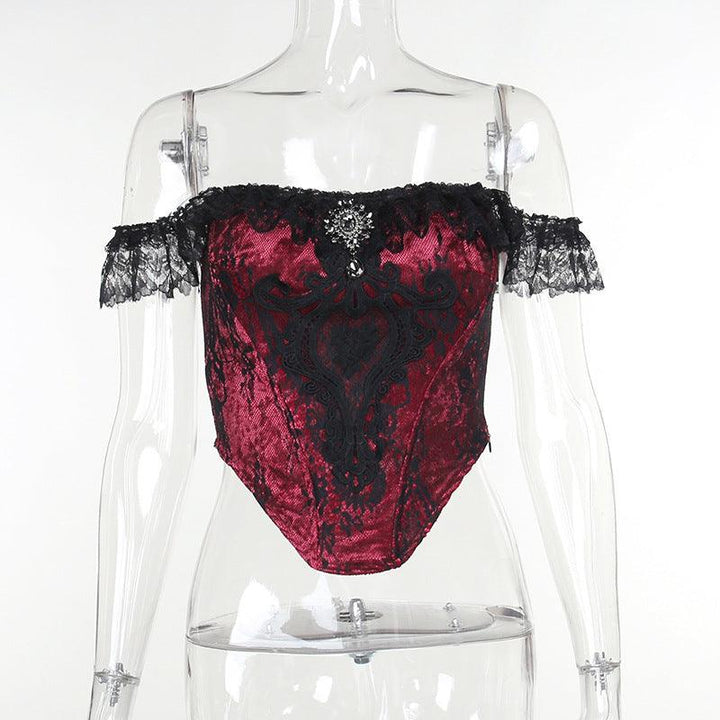 details of a black and red sexy lace corset cami top