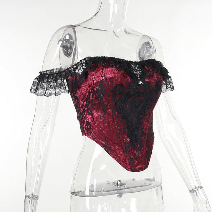 details of a black and red sexy lace corset cami top
