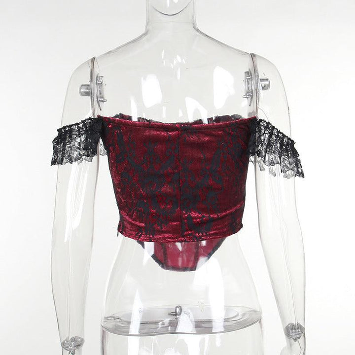 details of a black and red sexy lace corset cami top
