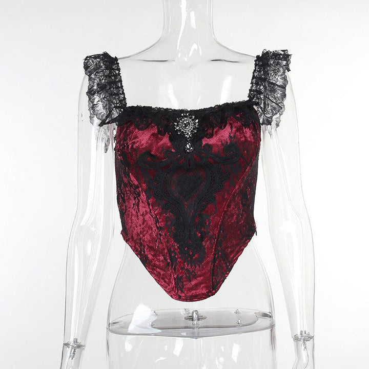 details of a black and red sexy lace corset cami top