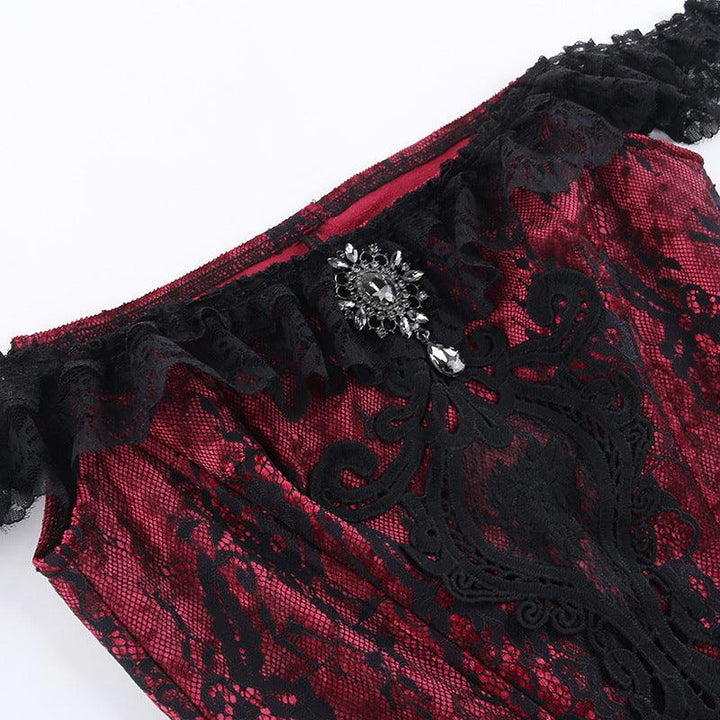 details of a black and red sexy lace corset cami top