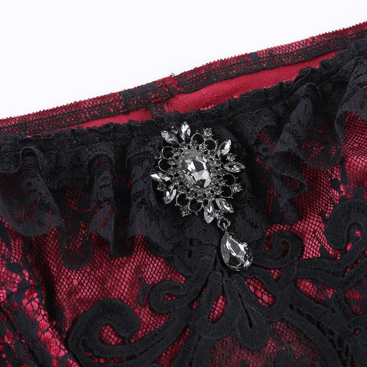 details of a black and red sexy lace corset cami top