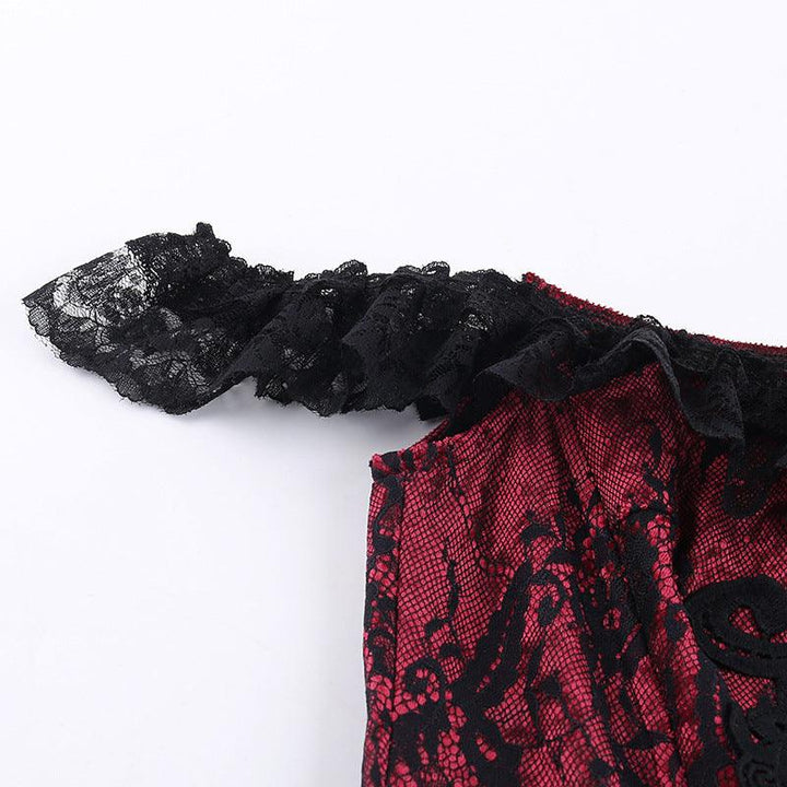 details of a black and red sexy lace corset cami top