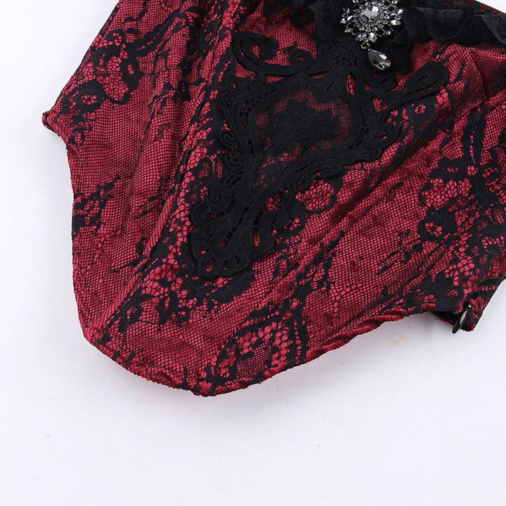 details of a black and red sexy lace corset cami top
