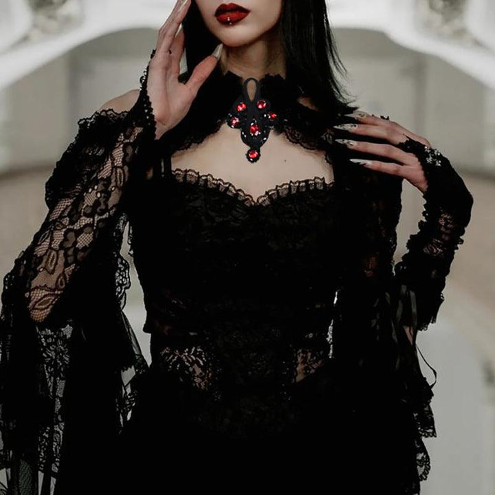 details of a black flared sleeve gothic lace shawl