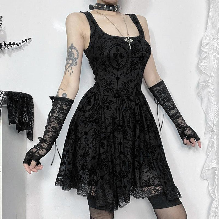 a woman wear a black floral lace gothic victorian dress