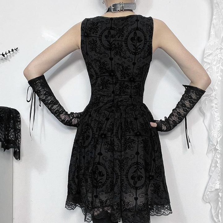 a woman wear a black floral lace gothic victorian dress