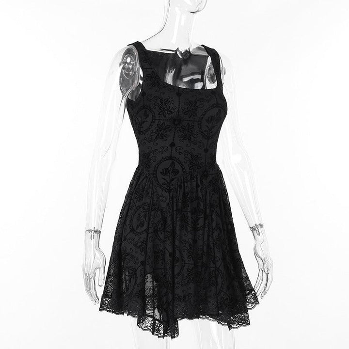 details of a black floral lace gothic victorian dress