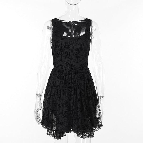 details of a black floral lace gothic victorian dress