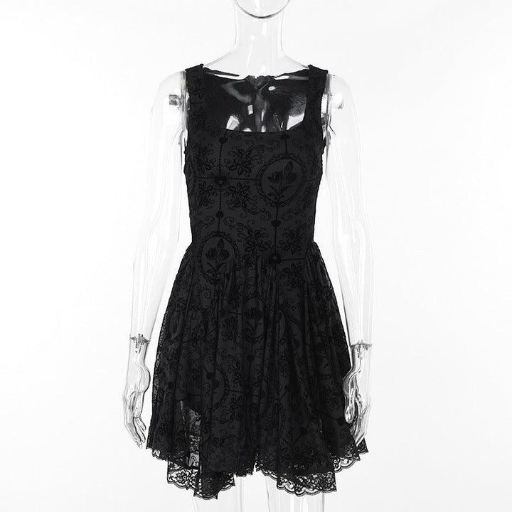 details of a black floral lace gothic victorian dress