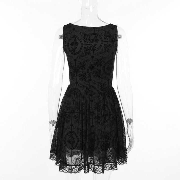 details of a black floral lace gothic victorian dress