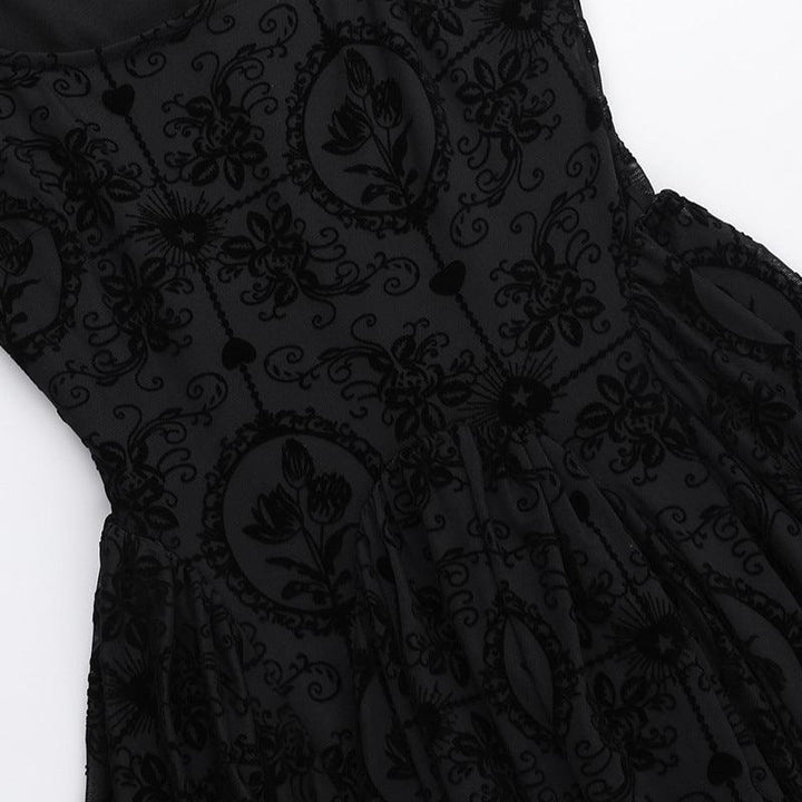 details of a black floral lace gothic victorian dress