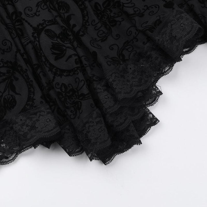 details of a black floral lace gothic victorian dress