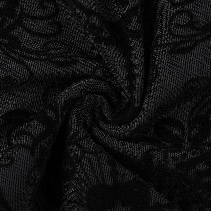 details of a black floral lace gothic victorian dress