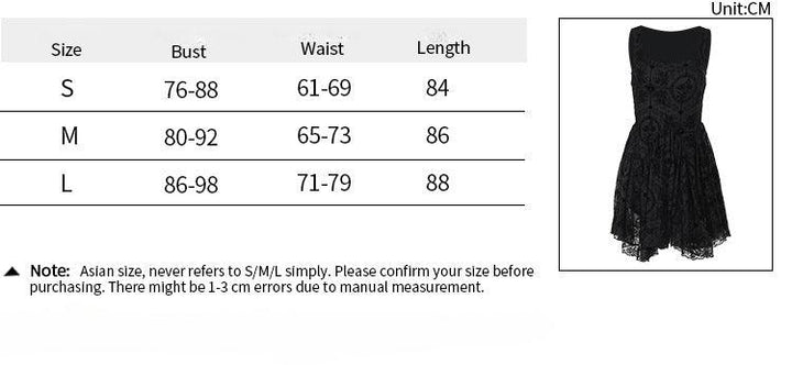 size chart of a black floral lace gothic victorian dress