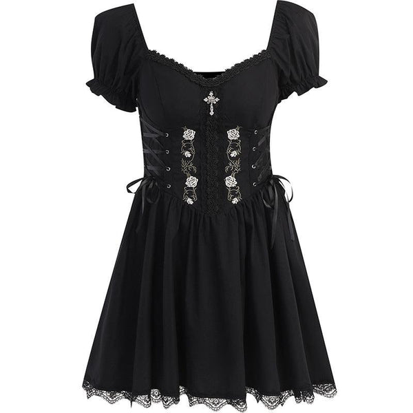 a black gothic cross chain short lace dress