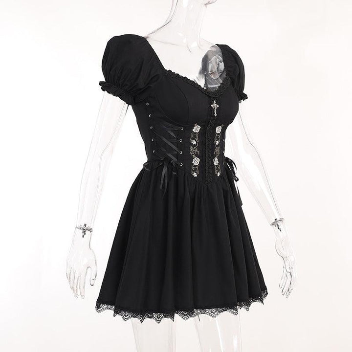 a black gothic cross chain short lace dress