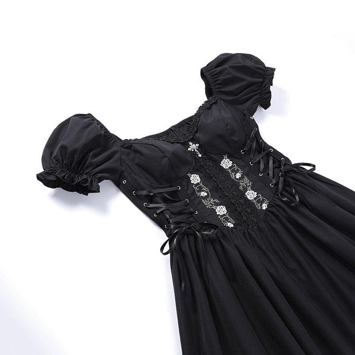 details of black gothic cross chain short lace dress
