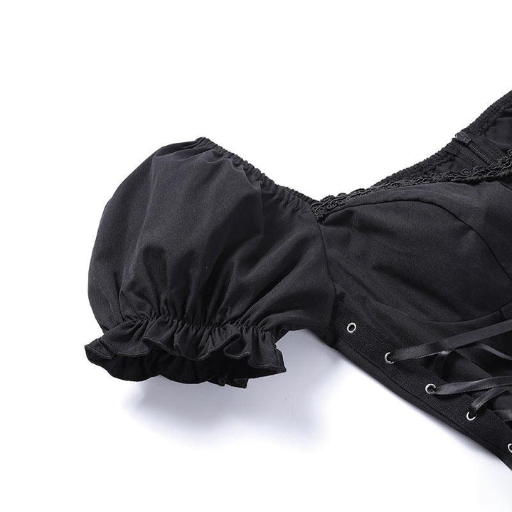 details of black gothic cross chain short lace dress