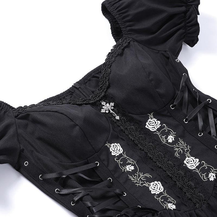 details of black gothic cross chain short lace dress