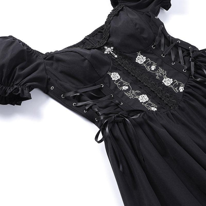 details of black gothic cross chain short lace dress