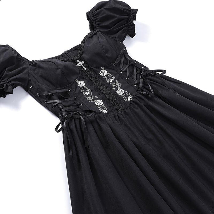 details of black gothic cross chain short lace dress