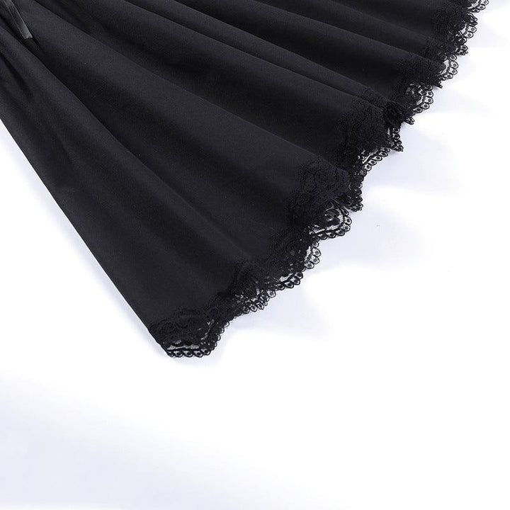 details of black gothic cross chain short lace dress