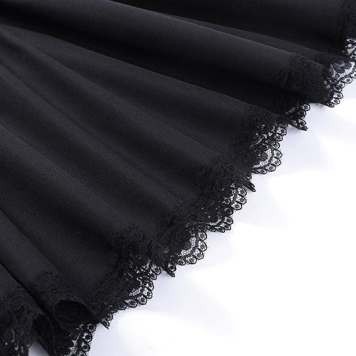 details of black gothic cross chain short lace dress