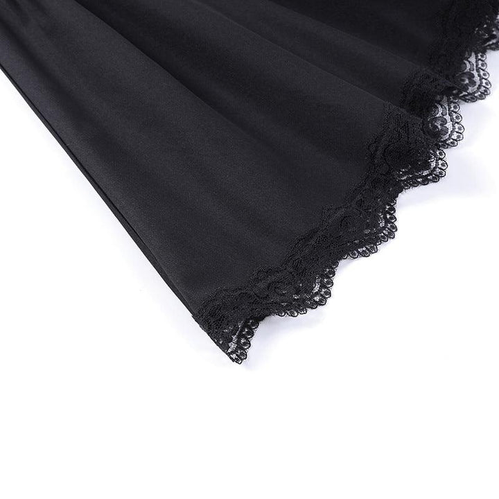 details of black gothic cross chain short lace dress