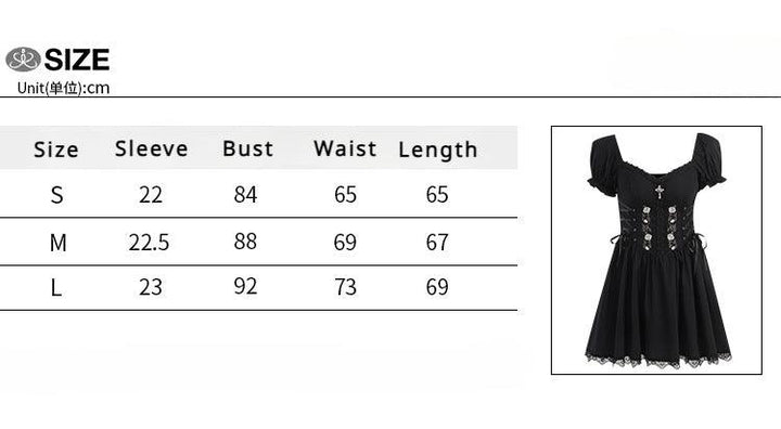 size chart of black gothic cross chain short lace dress