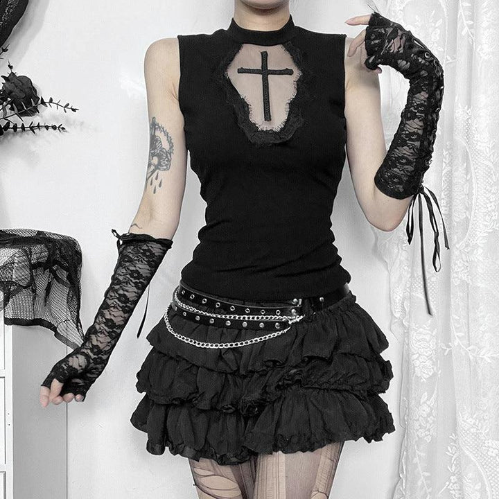 a woman wear a black gothic cross sleeveless top
