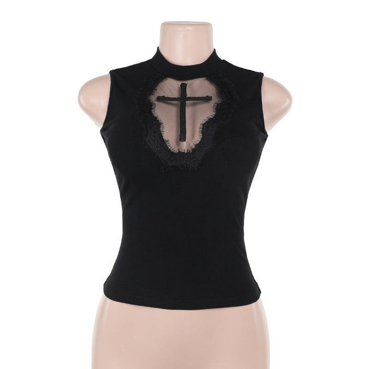 details of black gothic cross sleeveless top
